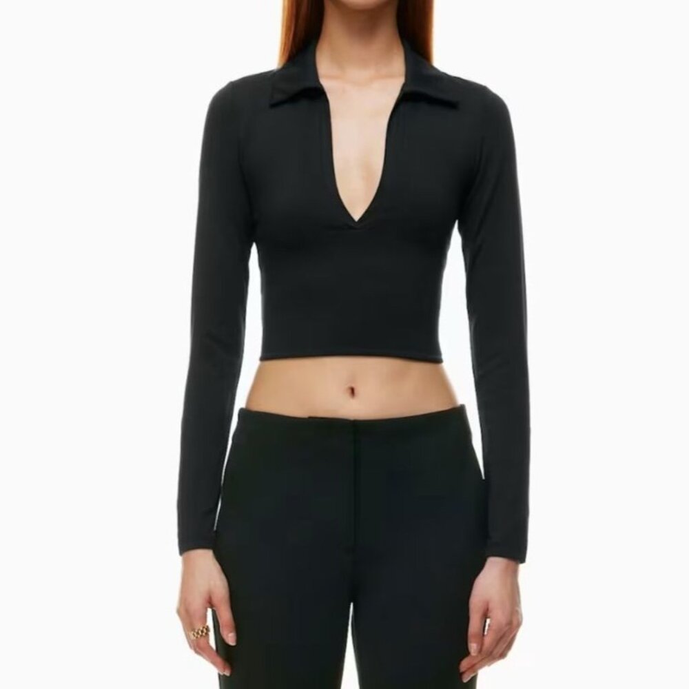 Aritzia Babaton Black Polo Long Sleeve Shirt - Picture 7 of 8